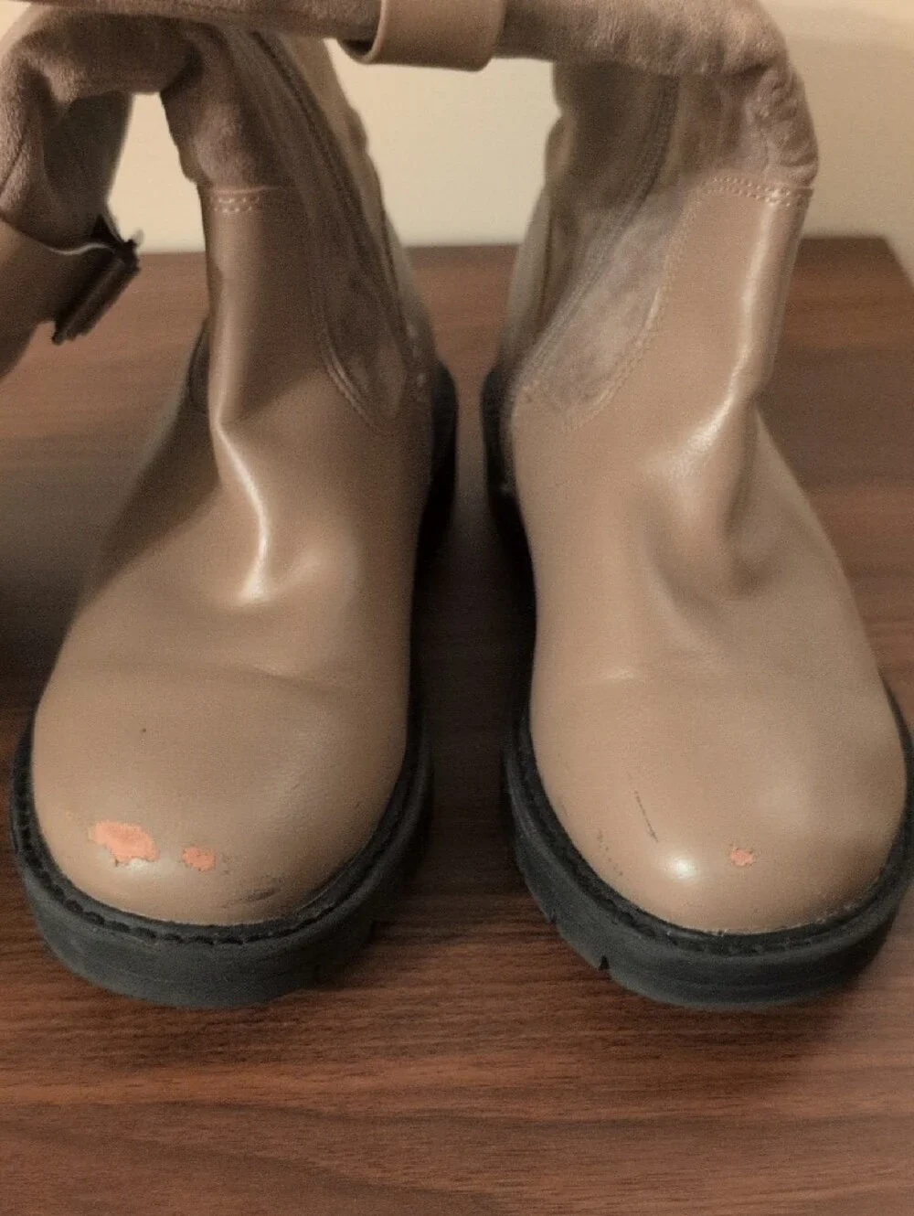 Kids Taupe Knee-High Suede & Leather Buckle Boots - Size 1